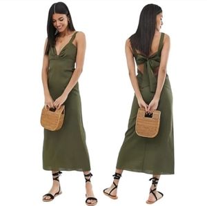 ASOS Design Olive Green Sleeveless Tie Back Knot Front Linen Maxi Dress Sz 10